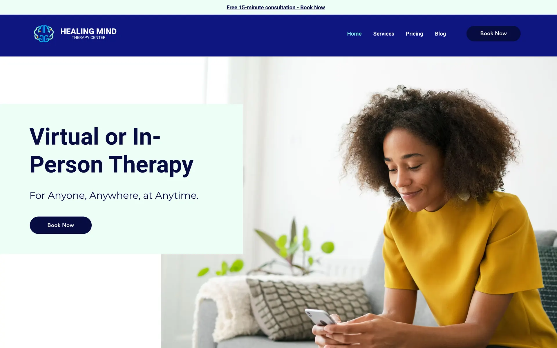 Healing Mind Therapy Center home page: “Virtual or In-Person Therapy” with a Book Now button