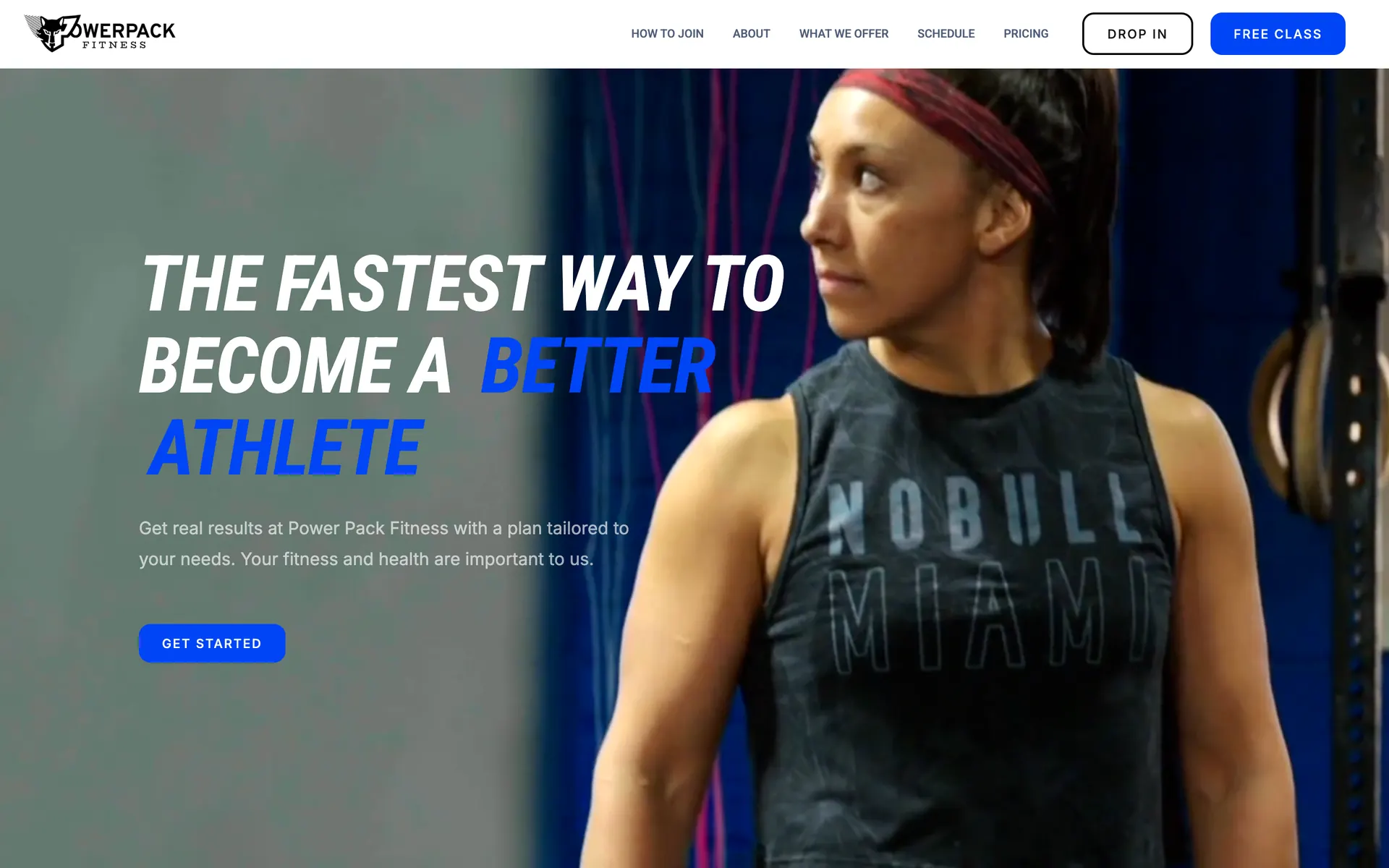 PowerPack Fitness home page: “The fastest way to become a better athlete” with Free Class and Drop In buttons