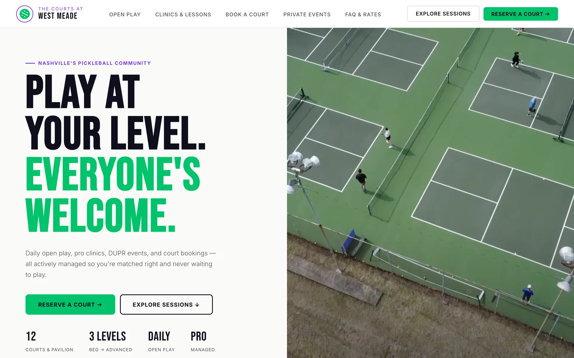 The Courts at West Meade home page: “Play at your level. Everyone’s welcome.” beside an aerial photo of the courts